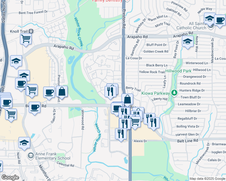 map of restaurants, bars, coffee shops, grocery stores, and more near 15249 Preston Road in Dallas