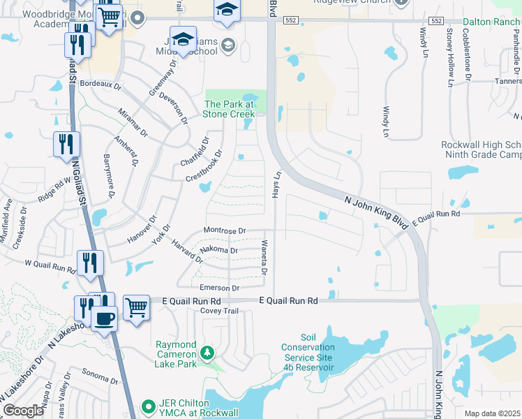 map of restaurants, bars, coffee shops, grocery stores, and more near 560 Granite Fields Drive in Rockwall