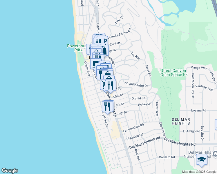 map of restaurants, bars, coffee shops, grocery stores, and more near 1173 Camino Del Mar in Del Mar