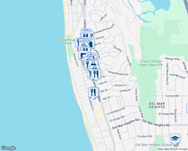 map of restaurants, bars, coffee shops, grocery stores, and more near 1105 Camino Del Mar in Del Mar