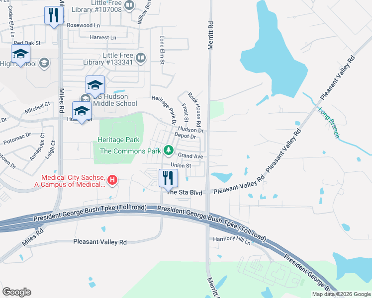 map of restaurants, bars, coffee shops, grocery stores, and more near 5401 Depot Drive in Sachse