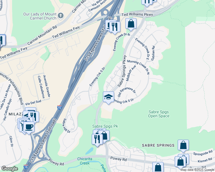 map of restaurants, bars, coffee shops, grocery stores, and more near 13062 Wimberly Square in San Diego