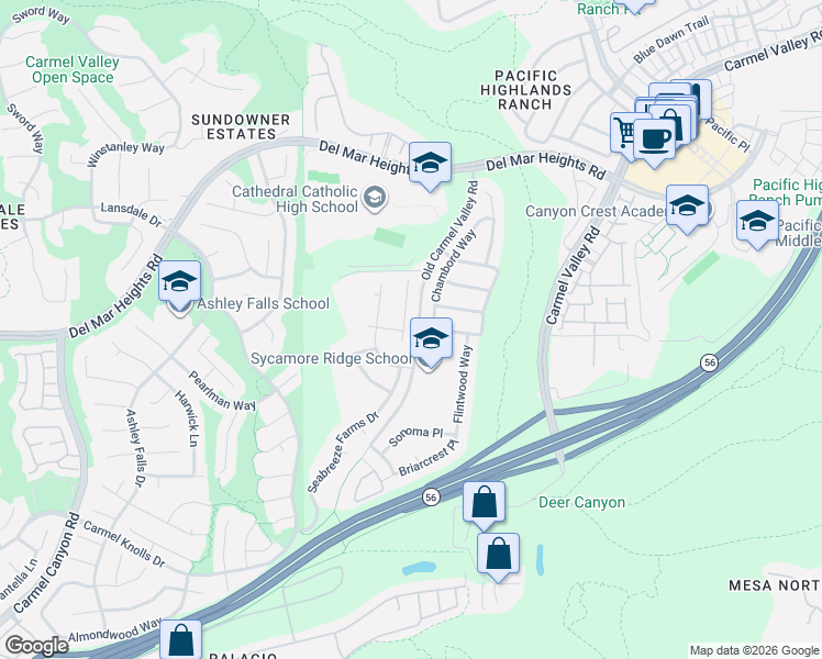 map of restaurants, bars, coffee shops, grocery stores, and more near 13073 Dressage Lane in San Diego