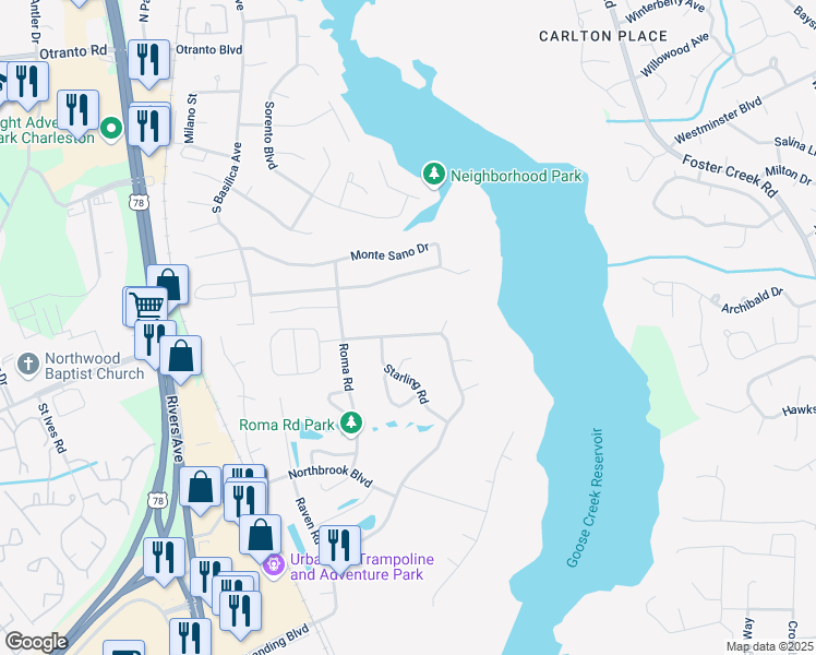 map of restaurants, bars, coffee shops, grocery stores, and more near 1114 Eagle Landing Boulevard in Hanahan