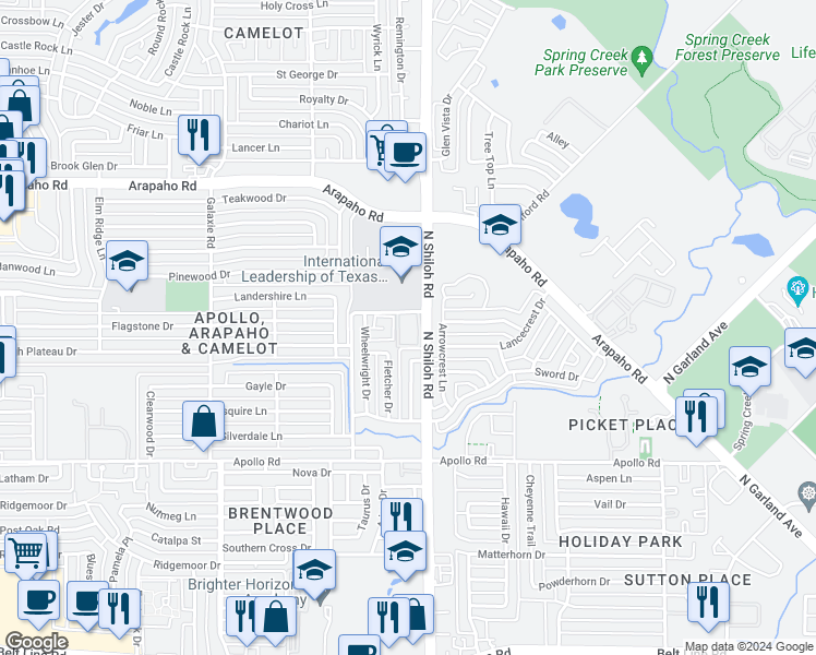 map of restaurants, bars, coffee shops, grocery stores, and more near 4374 Lawrence Drive in Garland