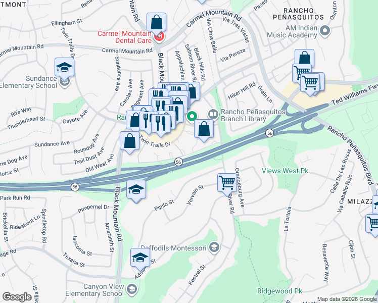 map of restaurants, bars, coffee shops, grocery stores, and more near 9418 Twin Trails Drive in San Diego