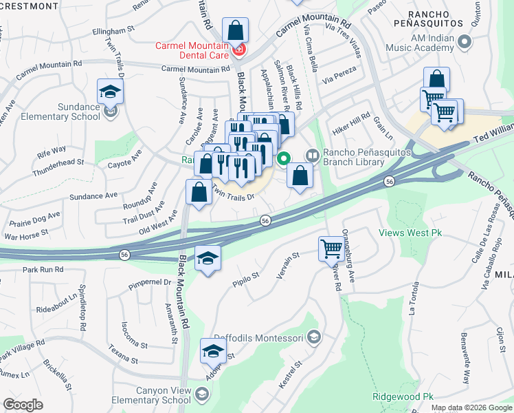 map of restaurants, bars, coffee shops, grocery stores, and more near 13173 Black Mountain Road in San Diego