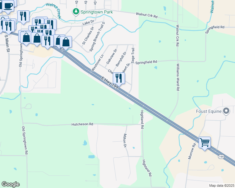 map of restaurants, bars, coffee shops, grocery stores, and more near 904 East Highway 199 in Springtown