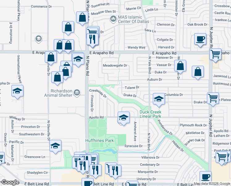 map of restaurants, bars, coffee shops, grocery stores, and more near in Richardson