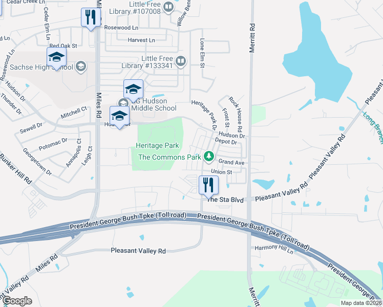 map of restaurants, bars, coffee shops, grocery stores, and more near 3502 Pacific Way in Sachse