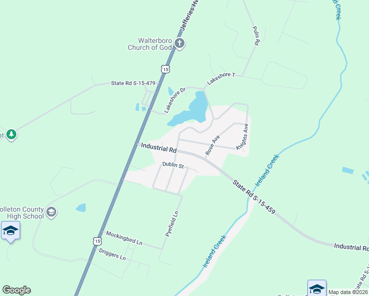 map of restaurants, bars, coffee shops, grocery stores, and more near 505 Lakeshore Drive in Walterboro