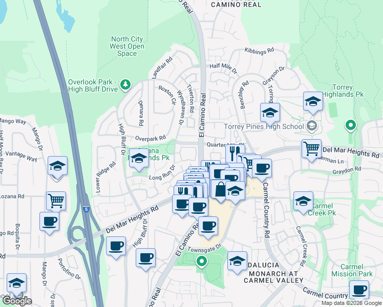 map of restaurants, bars, coffee shops, grocery stores, and more near 3618 Bernwood Place in San Diego