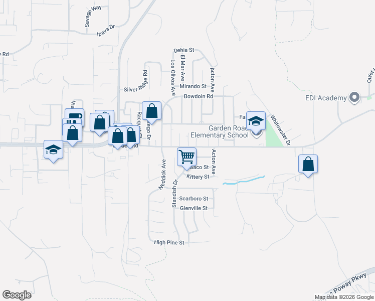 map of restaurants, bars, coffee shops, grocery stores, and more near 14501 Garden Road in Poway