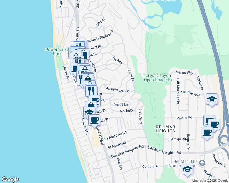 map of restaurants, bars, coffee shops, grocery stores, and more near 573 Amphitheatre Drive in Del Mar
