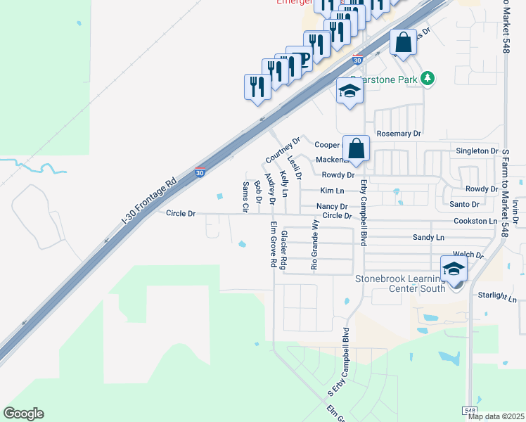 map of restaurants, bars, coffee shops, grocery stores, and more near 1712 Bob Drive in Royse City