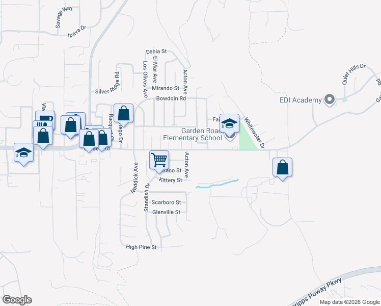 map of restaurants, bars, coffee shops, grocery stores, and more near 13237 Acton Avenue in Poway