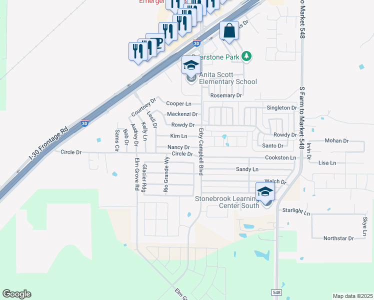 map of restaurants, bars, coffee shops, grocery stores, and more near 721 Nancy Drive in Royse City