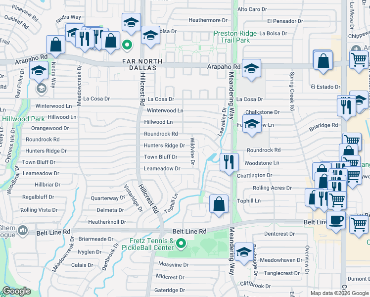 map of restaurants, bars, coffee shops, grocery stores, and more near 7231 Hunters Ridge Drive in Dallas