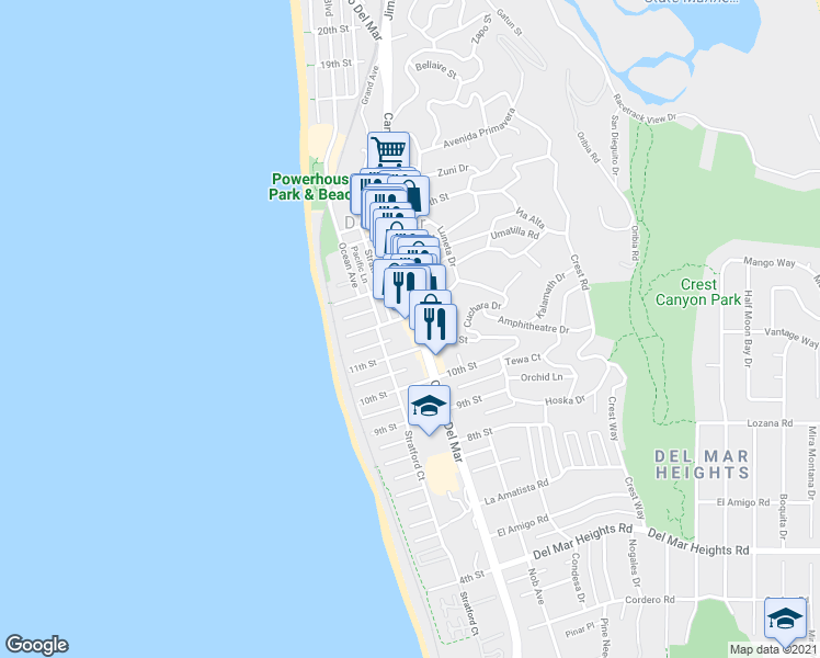 map of restaurants, bars, coffee shops, grocery stores, and more near 1173 Camino Del Mar in Del Mar