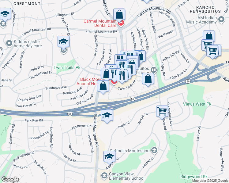 map of restaurants, bars, coffee shops, grocery stores, and more near 9302 Twin Trails Drive in San Diego