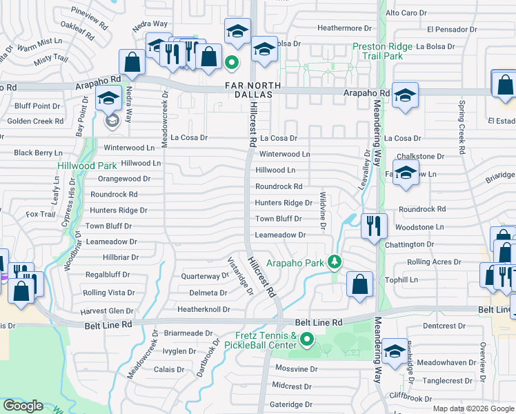 map of restaurants, bars, coffee shops, grocery stores, and more near 7115 Hunters Ridge Drive in Dallas