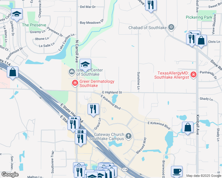 map of restaurants, bars, coffee shops, grocery stores, and more near 1201 Ashmoore Court in Southlake
