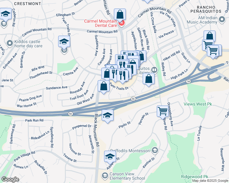 map of restaurants, bars, coffee shops, grocery stores, and more near 13161-1 Black Mountain Road in San Diego