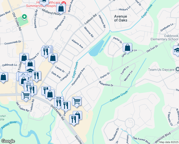 map of restaurants, bars, coffee shops, grocery stores, and more near 163a Hummingbird Avenue in Ladson
