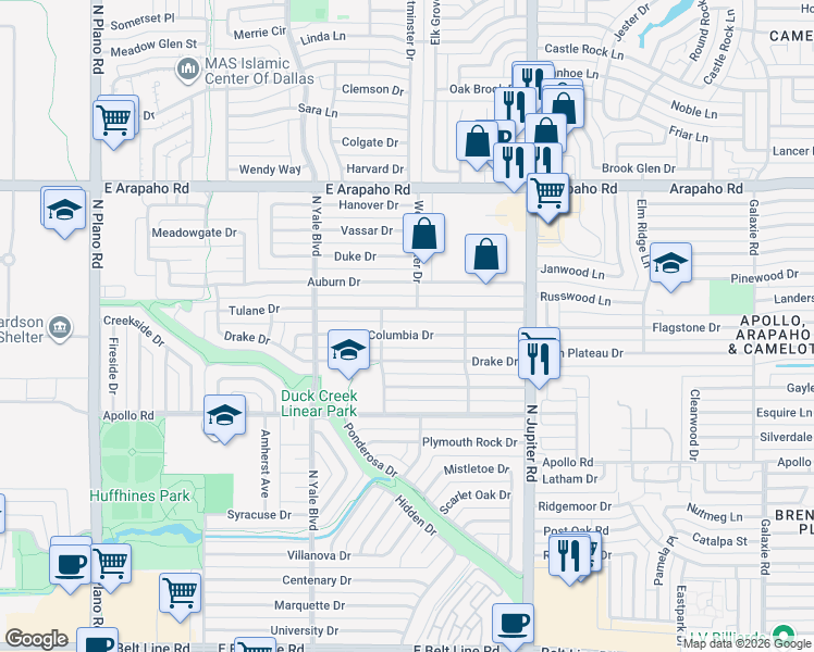 map of restaurants, bars, coffee shops, grocery stores, and more near 2000 Tulane Drive in Richardson