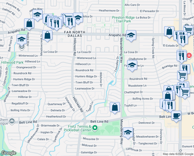 map of restaurants, bars, coffee shops, grocery stores, and more near 7231 Hunters Ridge Drive in Dallas