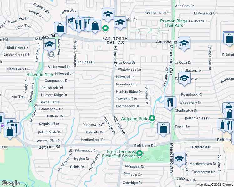 map of restaurants, bars, coffee shops, grocery stores, and more near 7115 Hunters Ridge Drive in Dallas