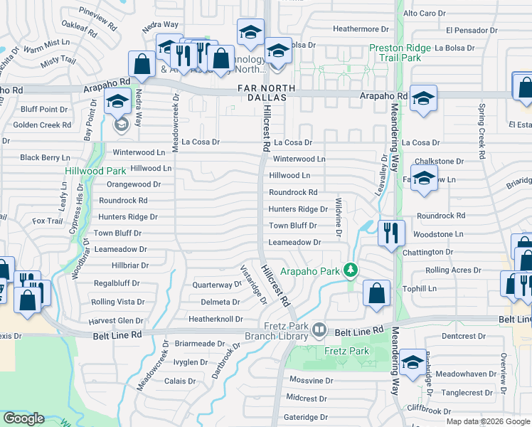 map of restaurants, bars, coffee shops, grocery stores, and more near 7115 Hunters Ridge Drive in Dallas