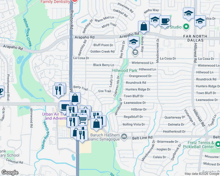 map of restaurants, bars, coffee shops, grocery stores, and more near 6215 Copperhill Drive in Dallas