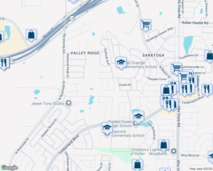 map of restaurants, bars, coffee shops, grocery stores, and more near 12525 Outlook Avenue in Fort Worth