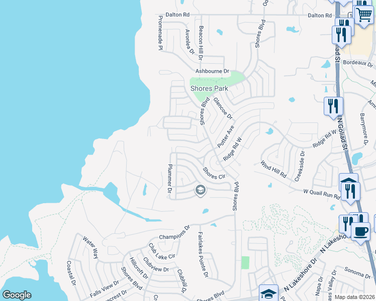 map of restaurants, bars, coffee shops, grocery stores, and more near 1735 Plummer Drive in Rockwall