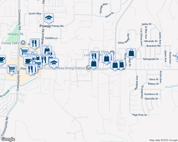 map of restaurants, bars, coffee shops, grocery stores, and more near 13208 Ann O Reno Lane in Poway