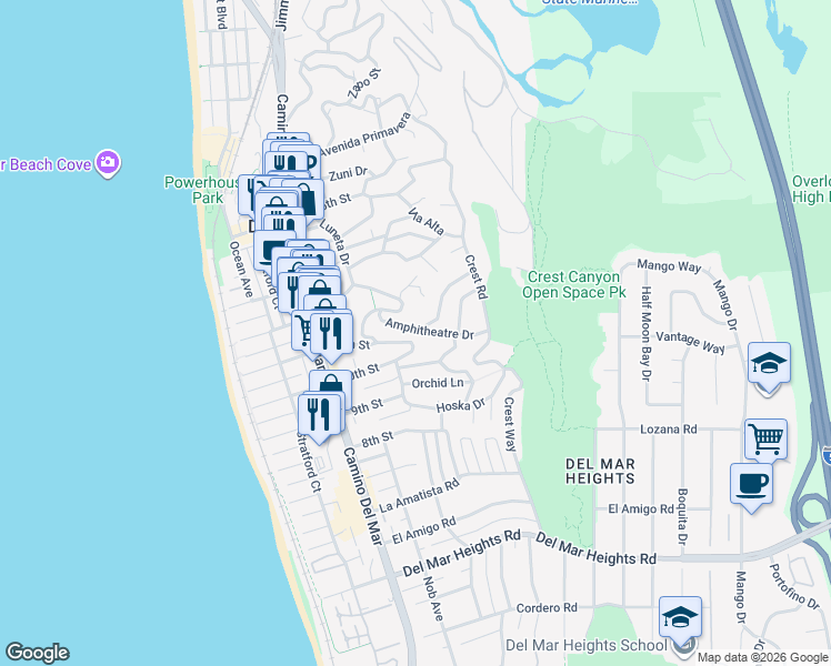 map of restaurants, bars, coffee shops, grocery stores, and more near 573 Amphitheatre Drive in Del Mar