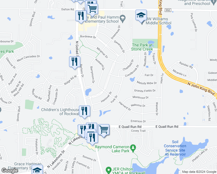 map of restaurants, bars, coffee shops, grocery stores, and more near 671 Featherstone Drive in Rockwall