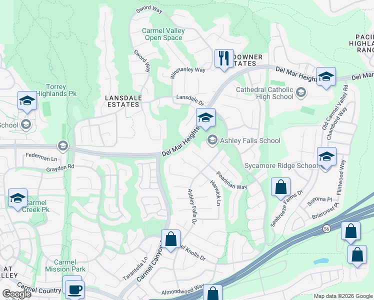map of restaurants, bars, coffee shops, grocery stores, and more near 4903 Pearlman Way in San Diego