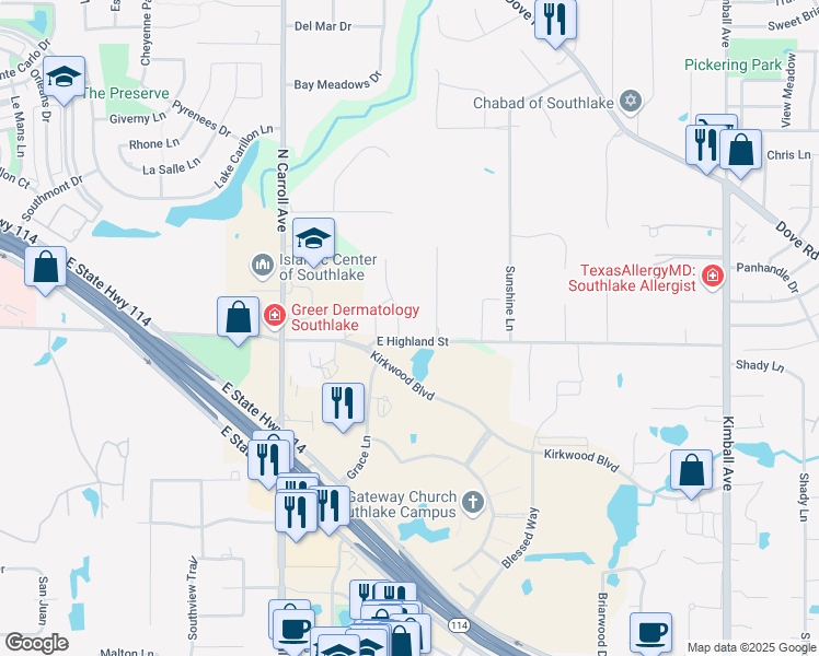 map of restaurants, bars, coffee shops, grocery stores, and more near 1201 Ashmoore Court in Southlake