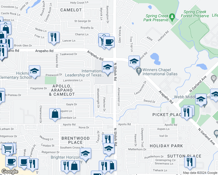 map of restaurants, bars, coffee shops, grocery stores, and more near 4370 Lawrence Drive in Garland