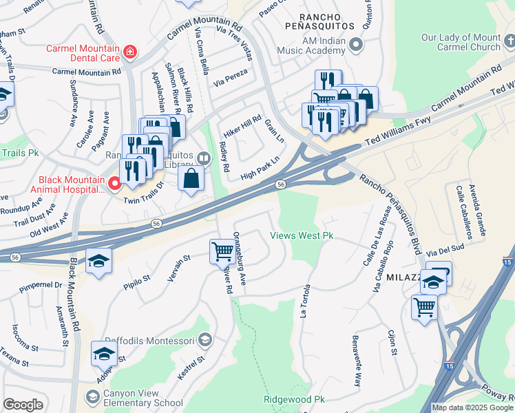map of restaurants, bars, coffee shops, grocery stores, and more near 9720 Graceland Way in San Diego