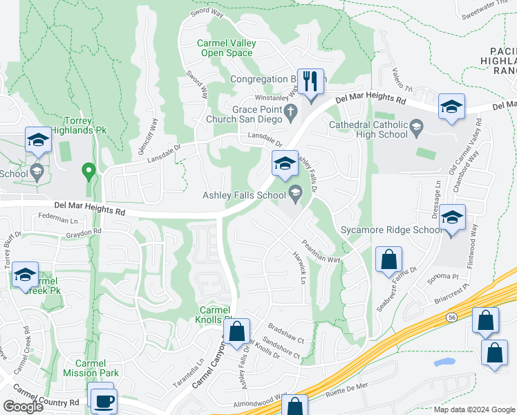 map of restaurants, bars, coffee shops, grocery stores, and more near 4903 Pearlman Way in San Diego