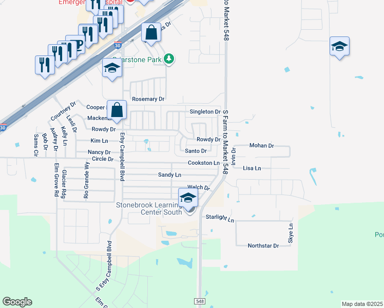 map of restaurants, bars, coffee shops, grocery stores, and more near 301 Santos Drive in Royse City