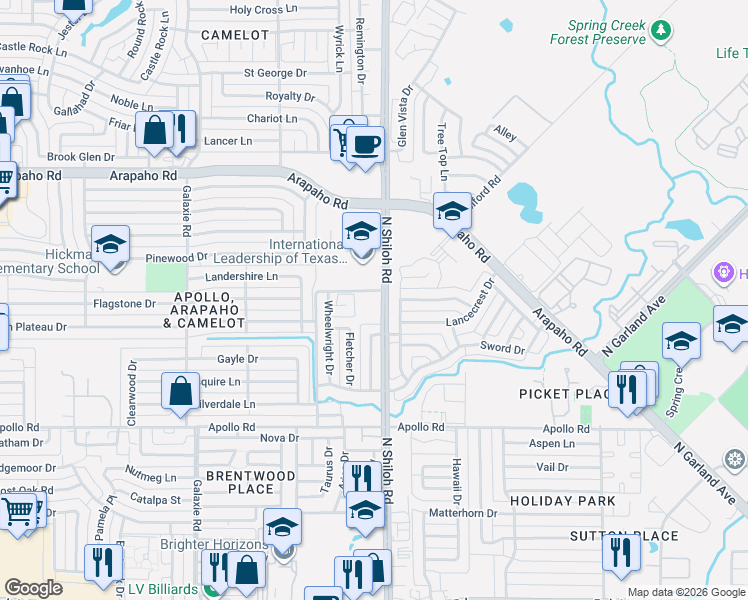 map of restaurants, bars, coffee shops, grocery stores, and more near 4382 Lawrence Drive in Garland