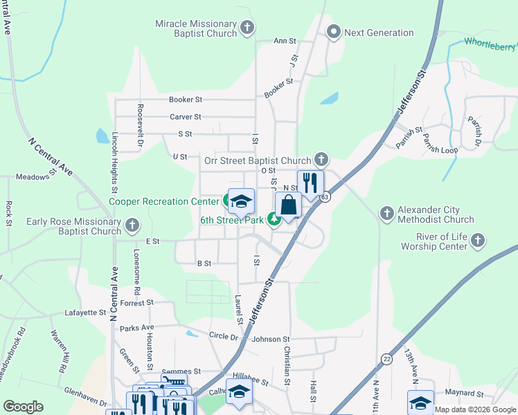 map of restaurants, bars, coffee shops, grocery stores, and more near 941 J Street in Alexander City