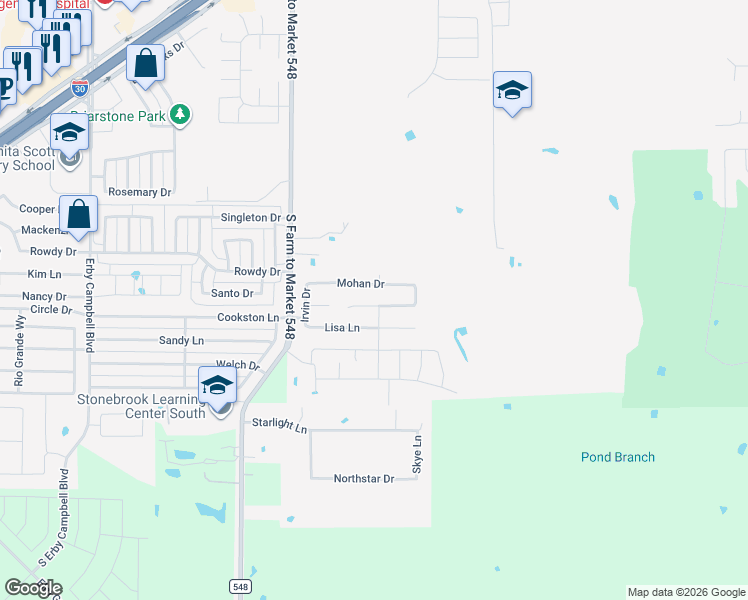 map of restaurants, bars, coffee shops, grocery stores, and more near 1712 Farm to Market 548 in Royse City