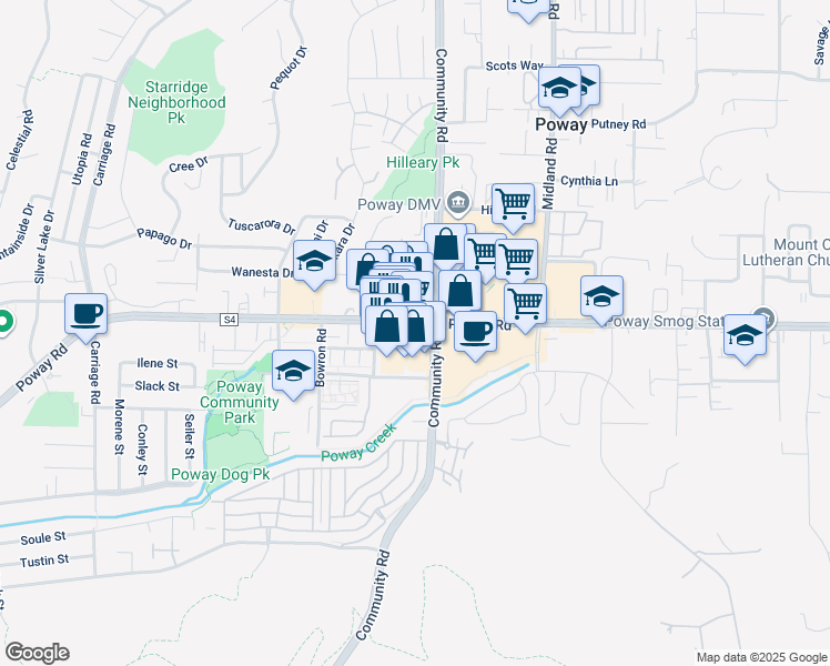map of restaurants, bars, coffee shops, grocery stores, and more near 13341 Poway Road in Poway