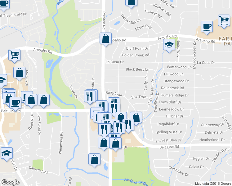 map of restaurants, bars, coffee shops, grocery stores, and more near 15315 Trails End Drive in Dallas