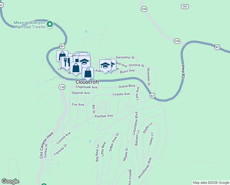 map of restaurants, bars, coffee shops, grocery stores, and more near 8th Street in Cloudcroft